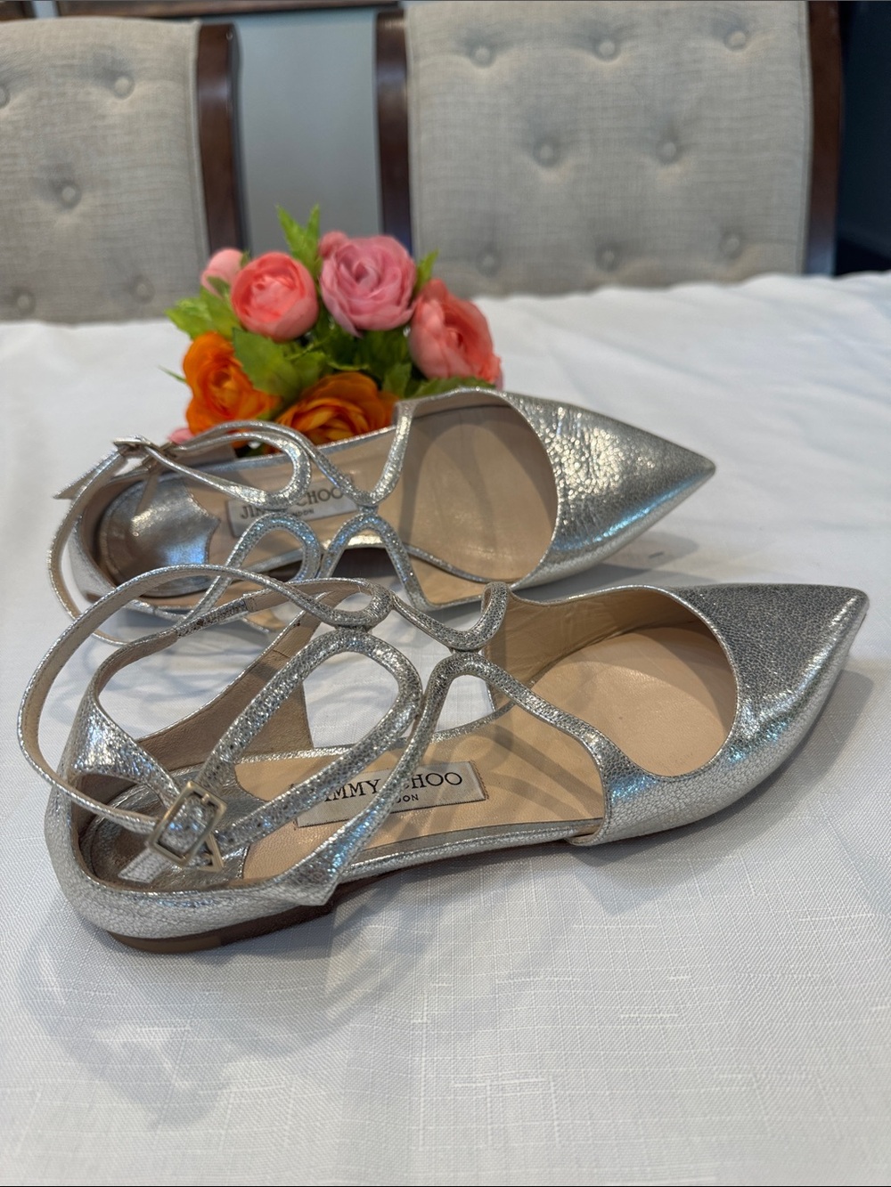 Authentic Jimmy Choo Metallic Light Gold Pointed-Toe Strappy Flats
